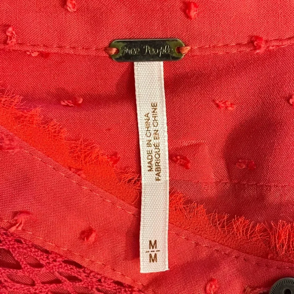Free People Red Swiss Dot Embroidered Crotchet Trim Blouse Size Medium